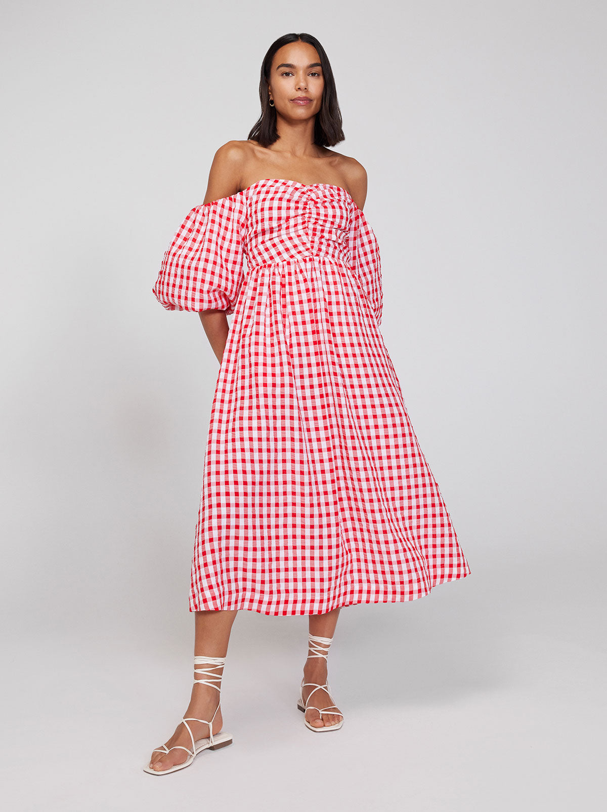 Alexis Red Gingham Bardot Midi Dress KITRI Studio