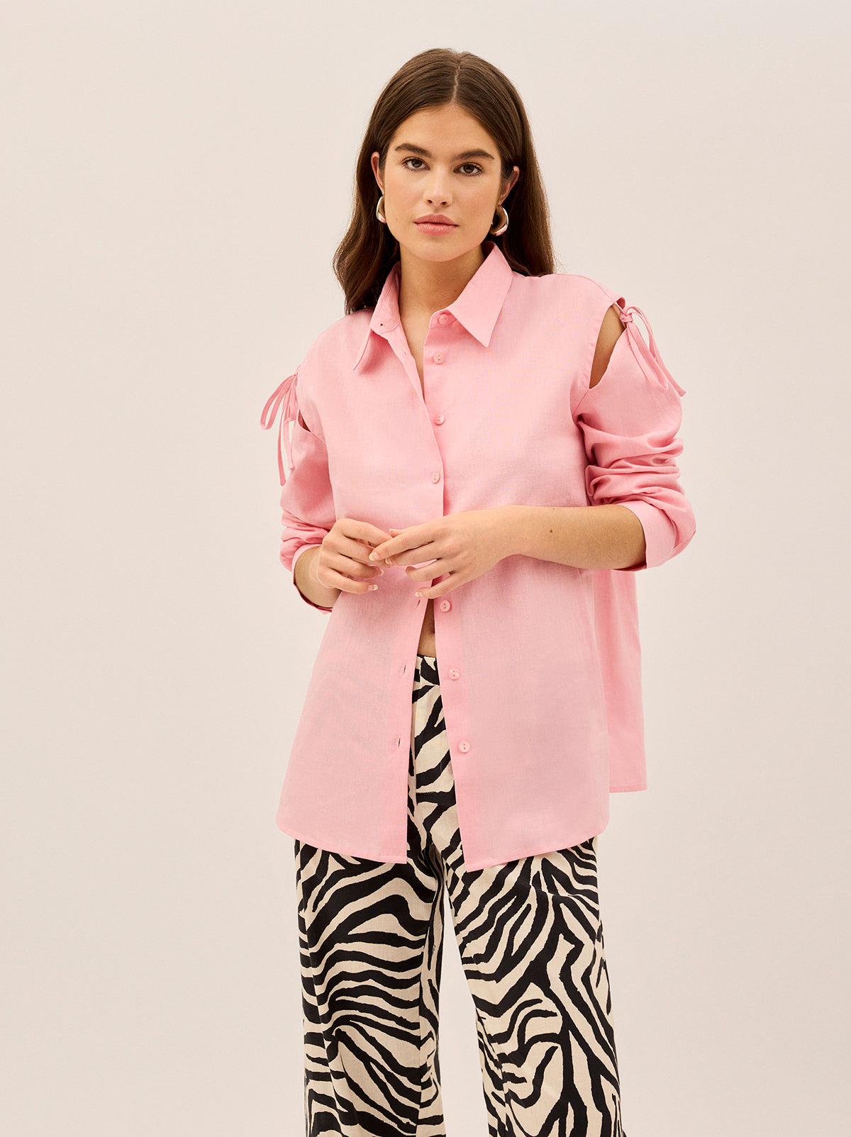Alix Pink Cotton Tie Shoulder Oversized Shirt | KITRI Studio