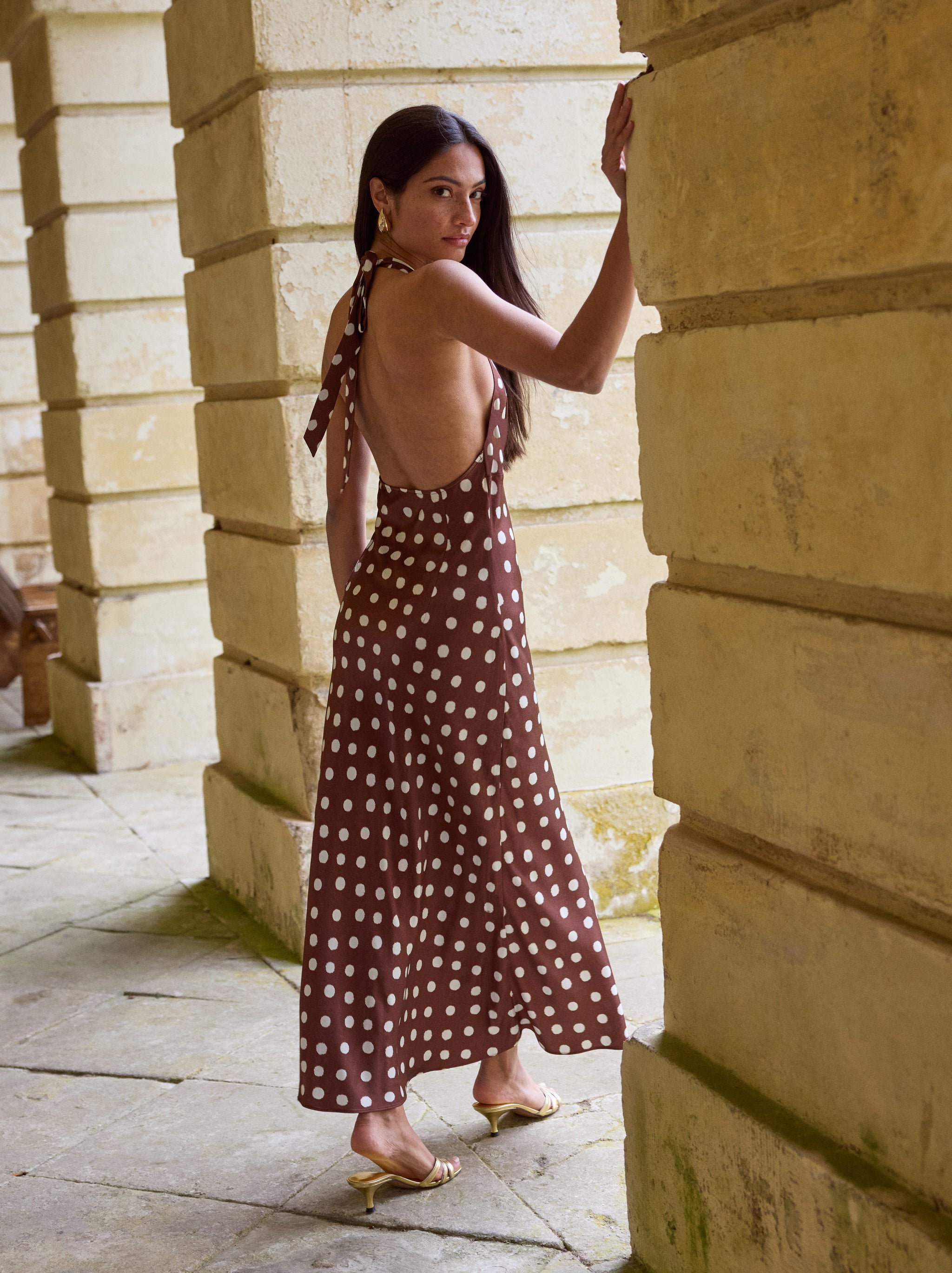Amalia Chocolate Blurred Polka Dot Print Halter Dress | KITRI Studio Amalia Chocolate Blurred Polka Dot Print Halter Dress | KITRI Studio