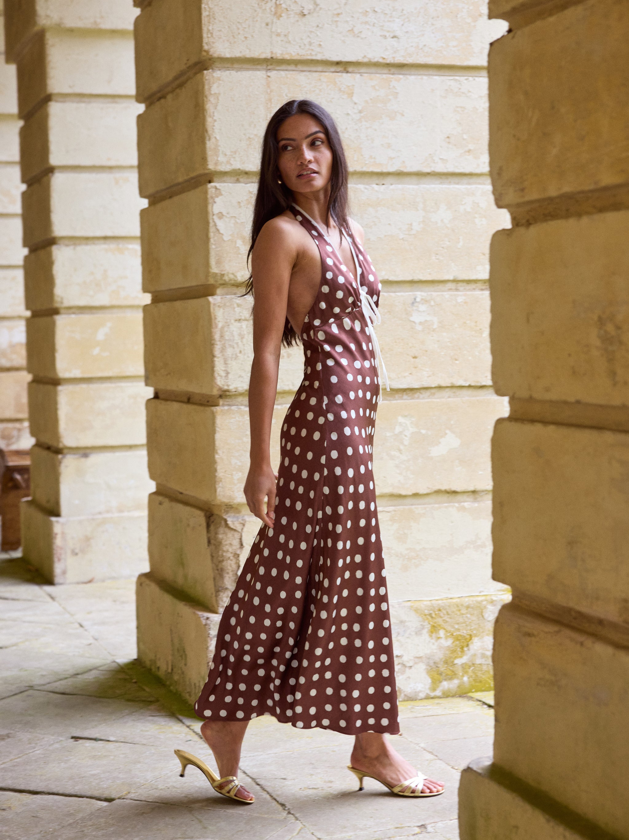 Amalia Chocolate Blurred Polka Dot Print Halter Dress | KITRI Studio Amalia Chocolate Blurred Polka Dot Print Halter Dress | KITRI Studio
