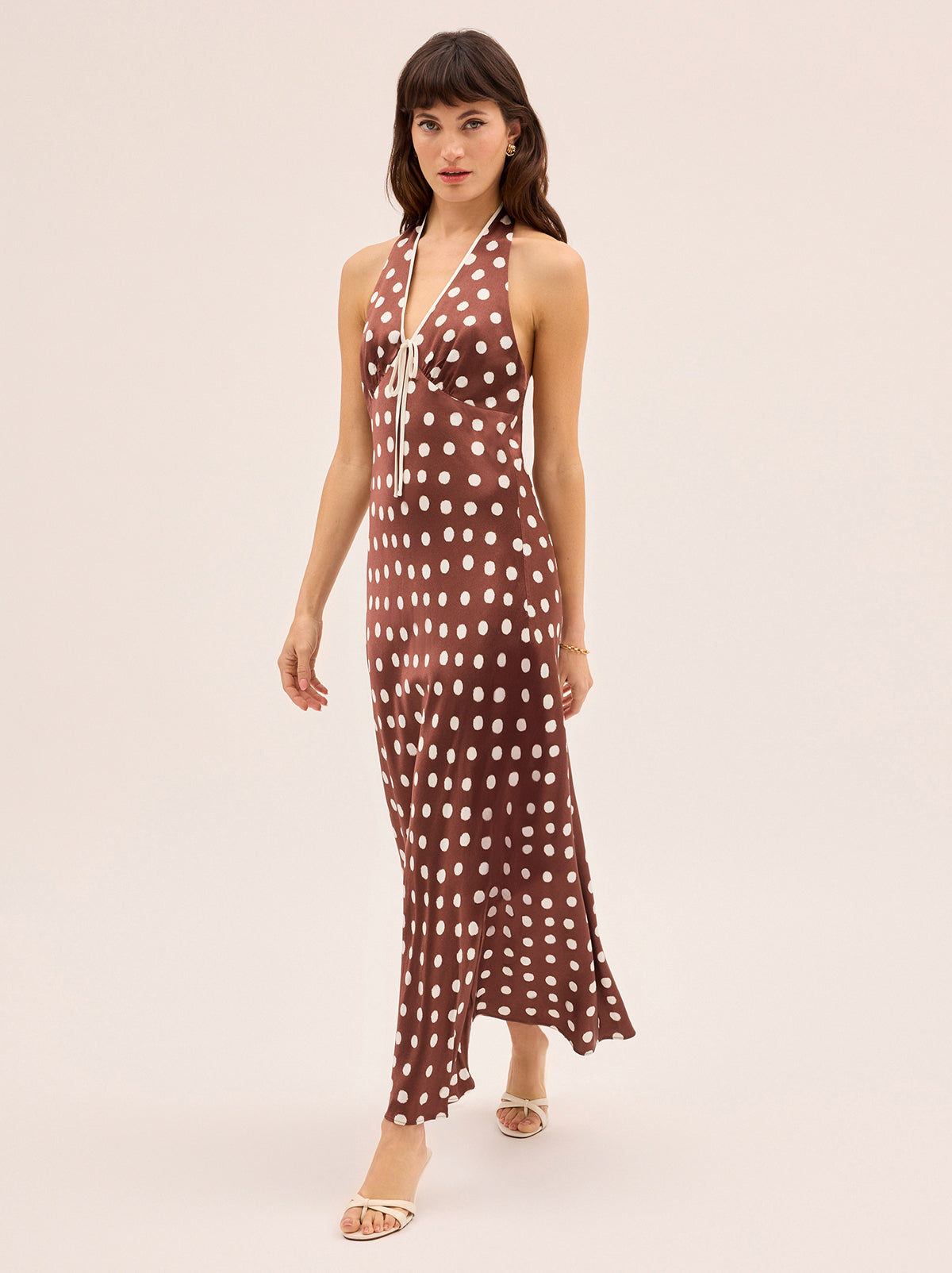 Amalia Chocolate Blurred Polka Dot Print Halter Dress By KITRI Studio