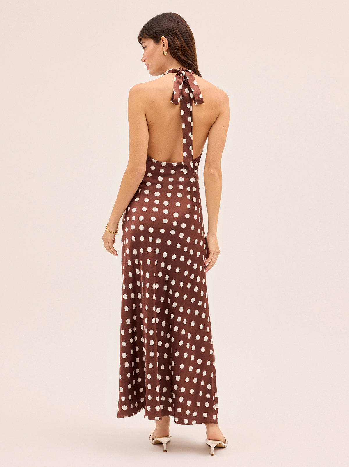 Amalia Chocolate Blurred Polka Dot Print Halter Dress | KITRI Studio Amalia Chocolate Blurred Polka Dot Print Halter Dress | KITRI Studio