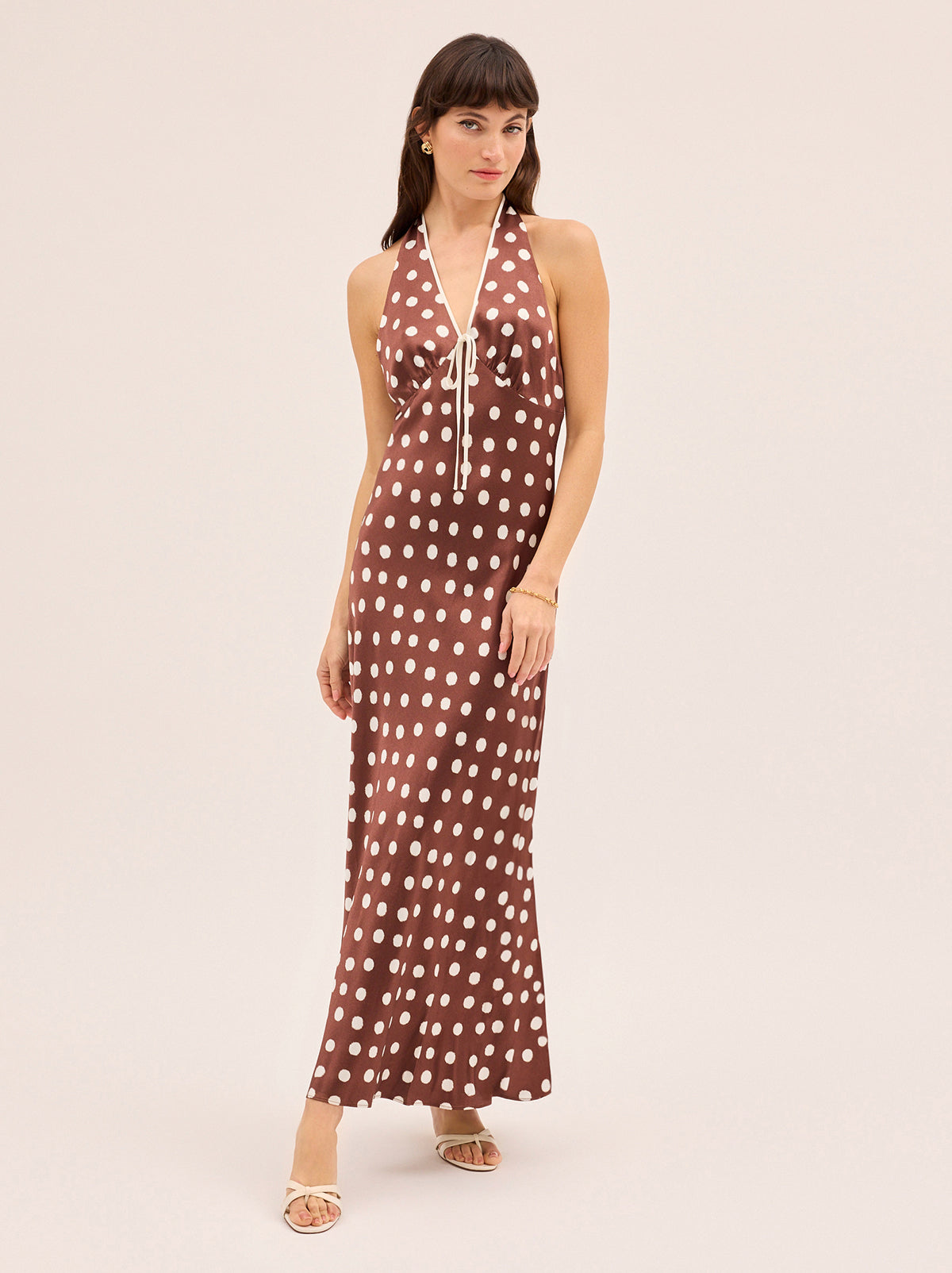 Amalia Chocolate Blurred Polka Dot Print Halter Dress | KITRI Studio Amalia Chocolate Blurred Polka Dot Print Halter Dress | KITRI Studio