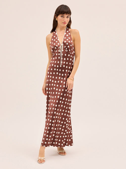 Amalia Chocolate Blurred Polka Dot Print Halter Dress By KITRI Studio