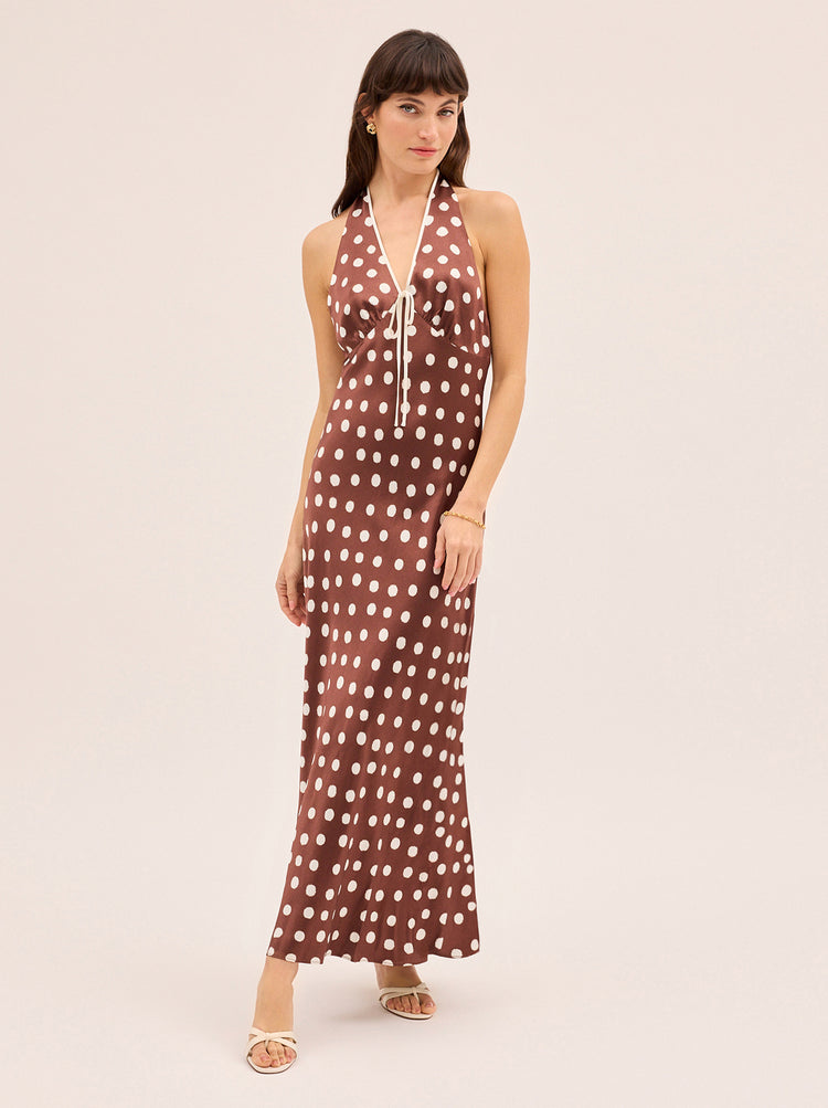 Amalia Chocolate Blurred Polka Dot Print Halter Dress By KITRI Studio