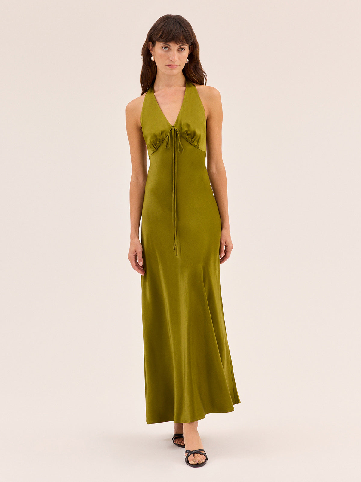 Amalia Olive Satin Halterneck Dress By KITRI Studio