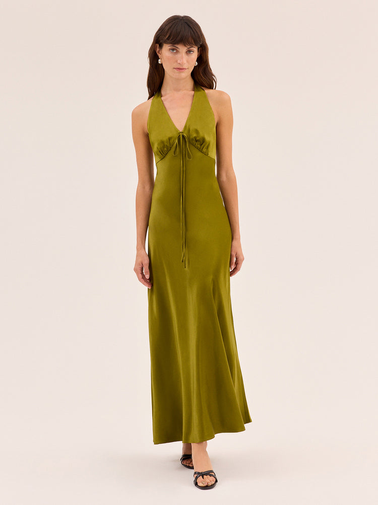 Amalia Olive Satin Halterneck Dress By KITRI Studio