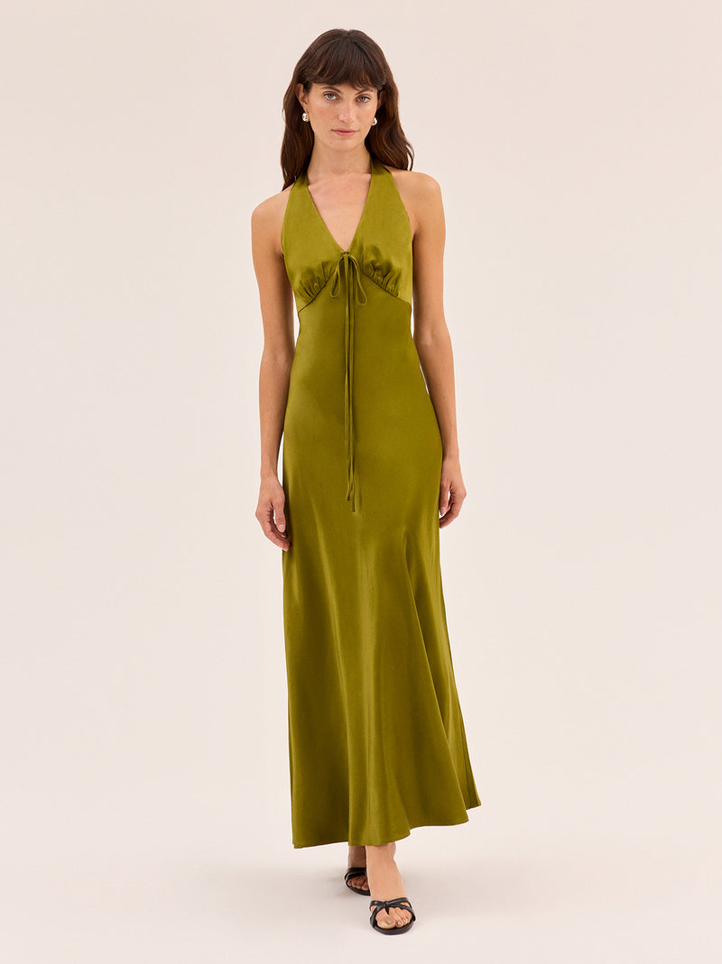 Amalia Olive Satin Halterneck Dress By KITRI Studio