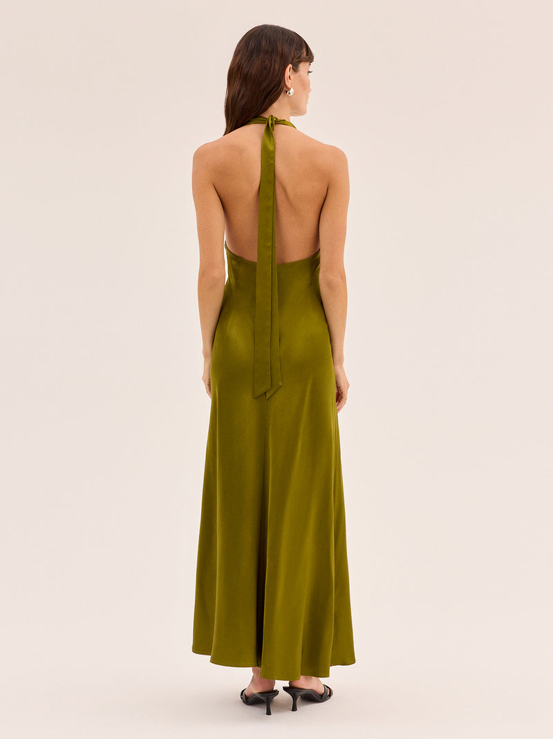 Amalia Olive Satin Halterneck Dress By KITRI Studio