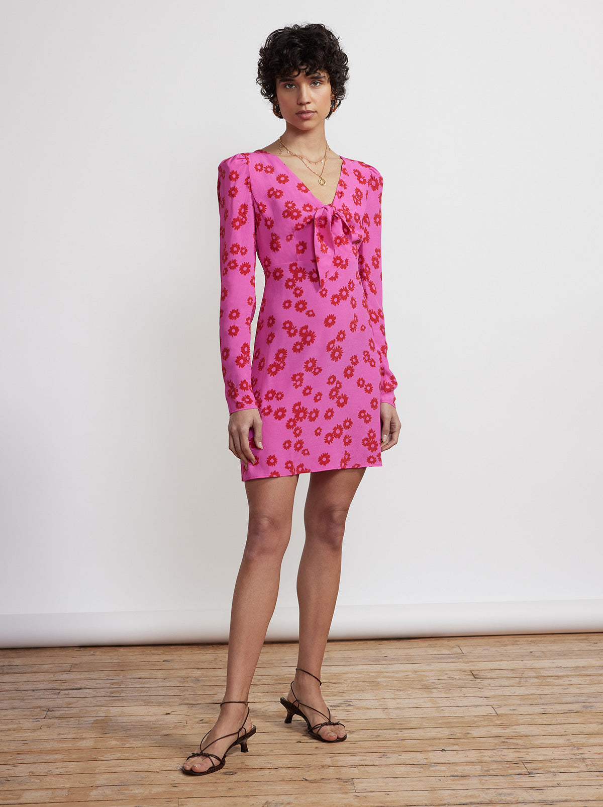Amalie Pink Daisy Print Tie Front Mini Dress by KITRI Studio