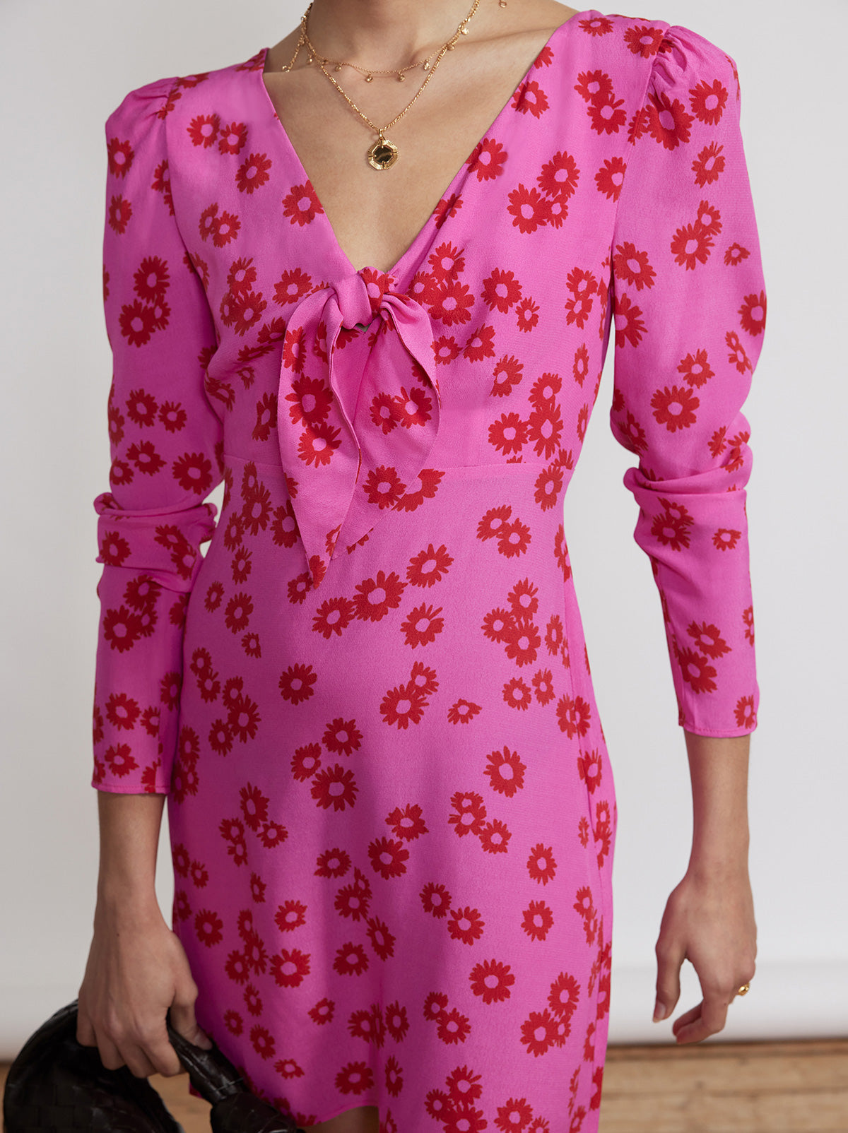 Amalie Pink Daisy Print Tie Front Mini Dress By KITRI Studio