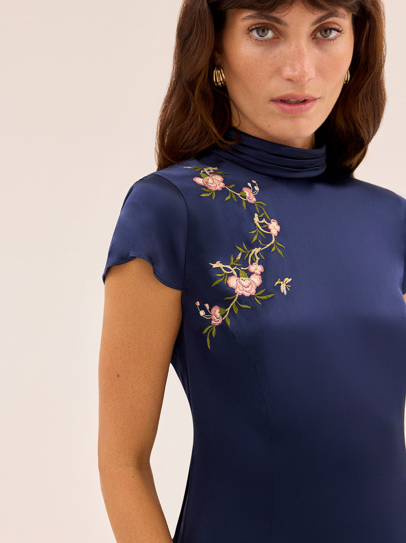 Amira Navy Satin Embroidered Mini Dress By KITRI Studio