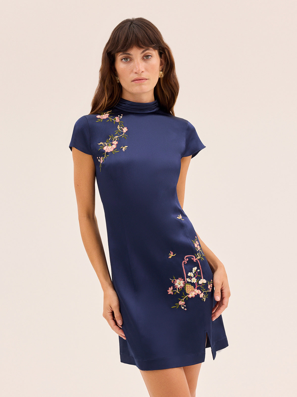 Amira Navy Satin Embroidered Mini Dress By KITRI Studio