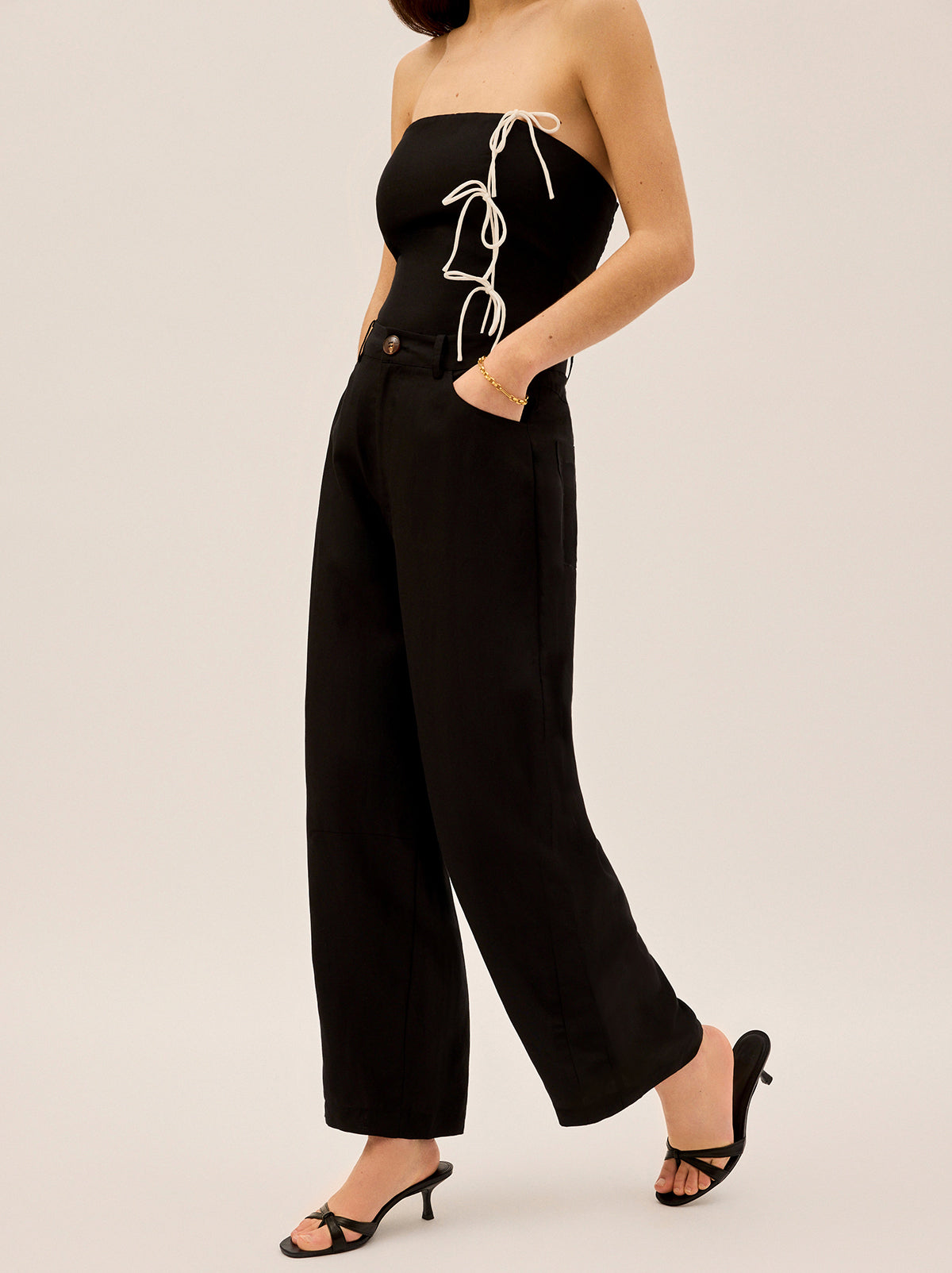 Andie Black Linen Blend Barrel Trousers By KITRI Studio