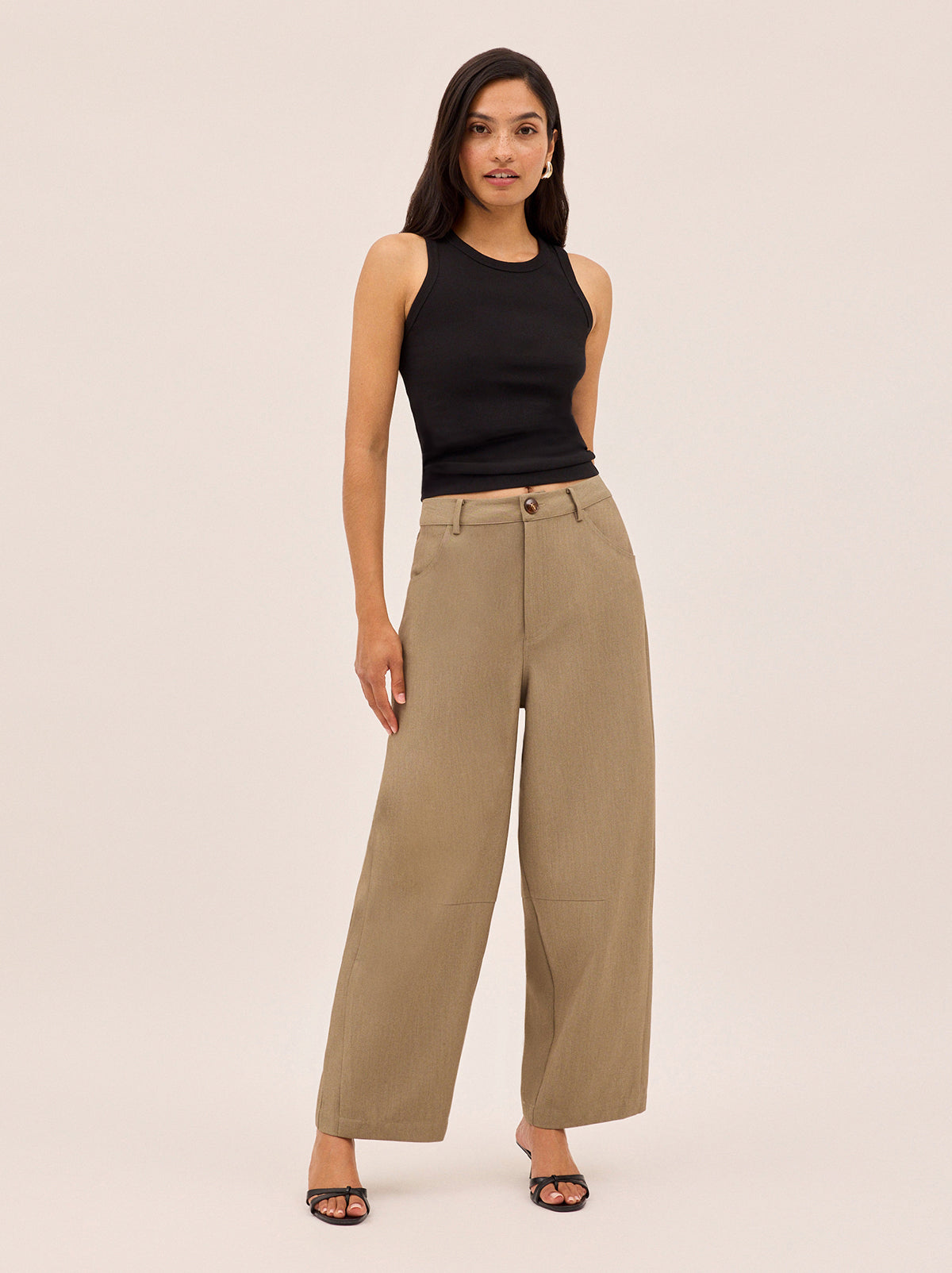Andie Taupe Barrel Leg Tailored Trousers By KITRI Studio