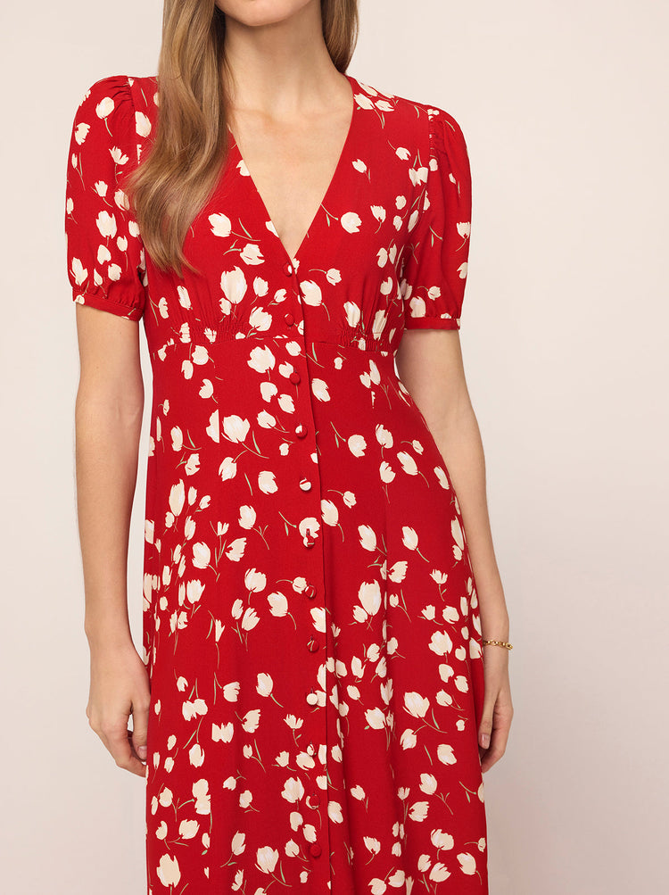 Anya Red Scattered Tulip Print Tea Dress By KITRI Studio