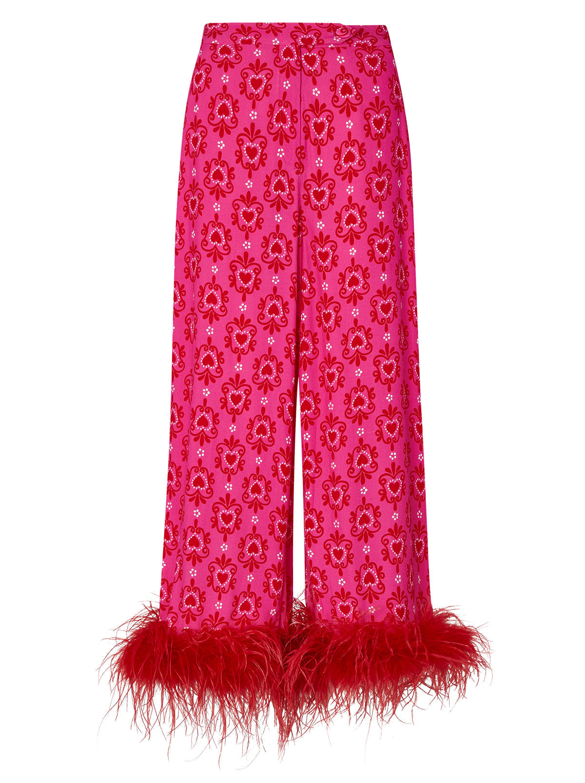 Apollo Pink Heart Print Feather Trousers | KITRI Studio