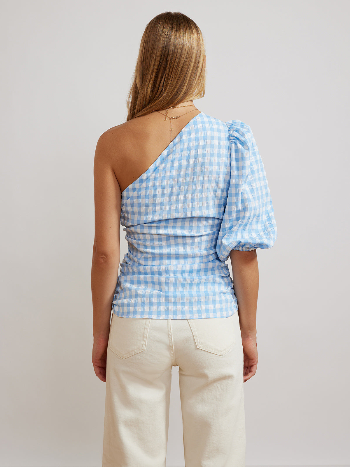 Athena One Shoulder Blue Gingham Top By KITRI Studio