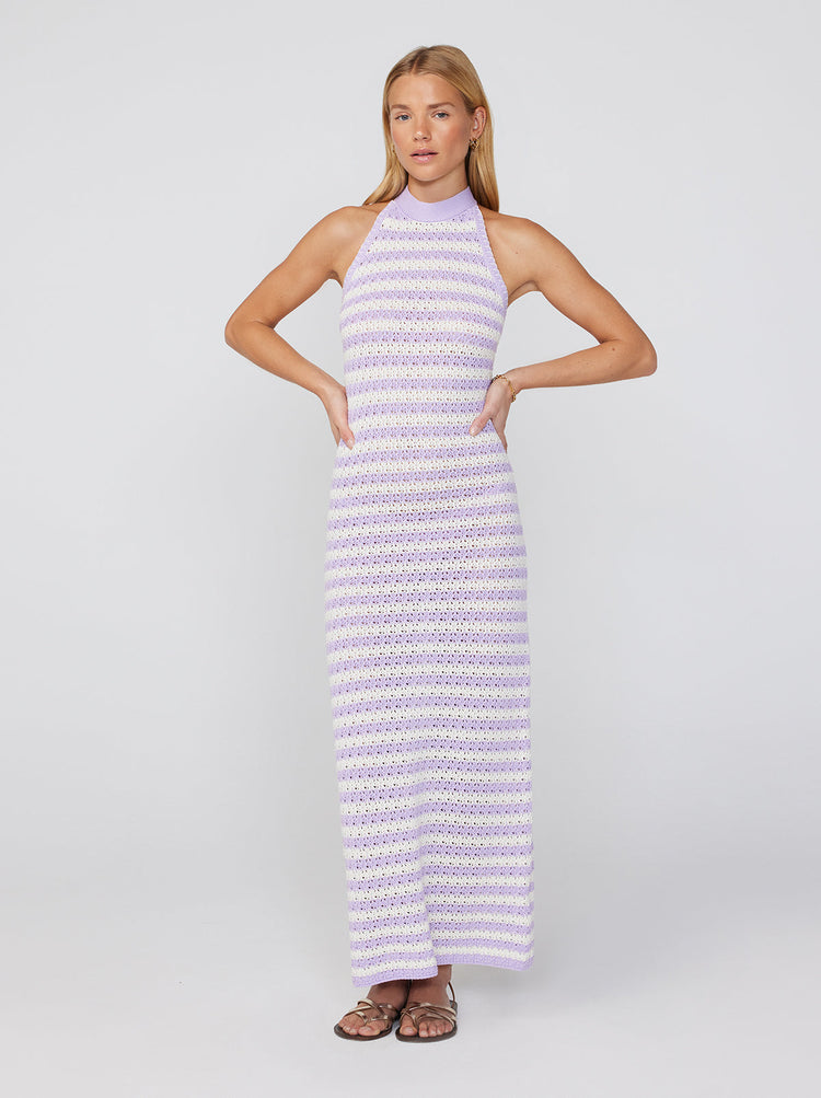 Atlanta Lilac Stripe Crochet Knit Halter Dress By KITRI Studio