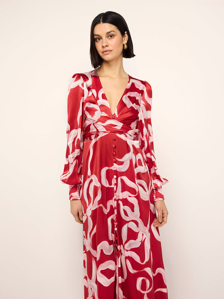 Aurora Red Ribbon Print Maxi Dress By KITRI Studio