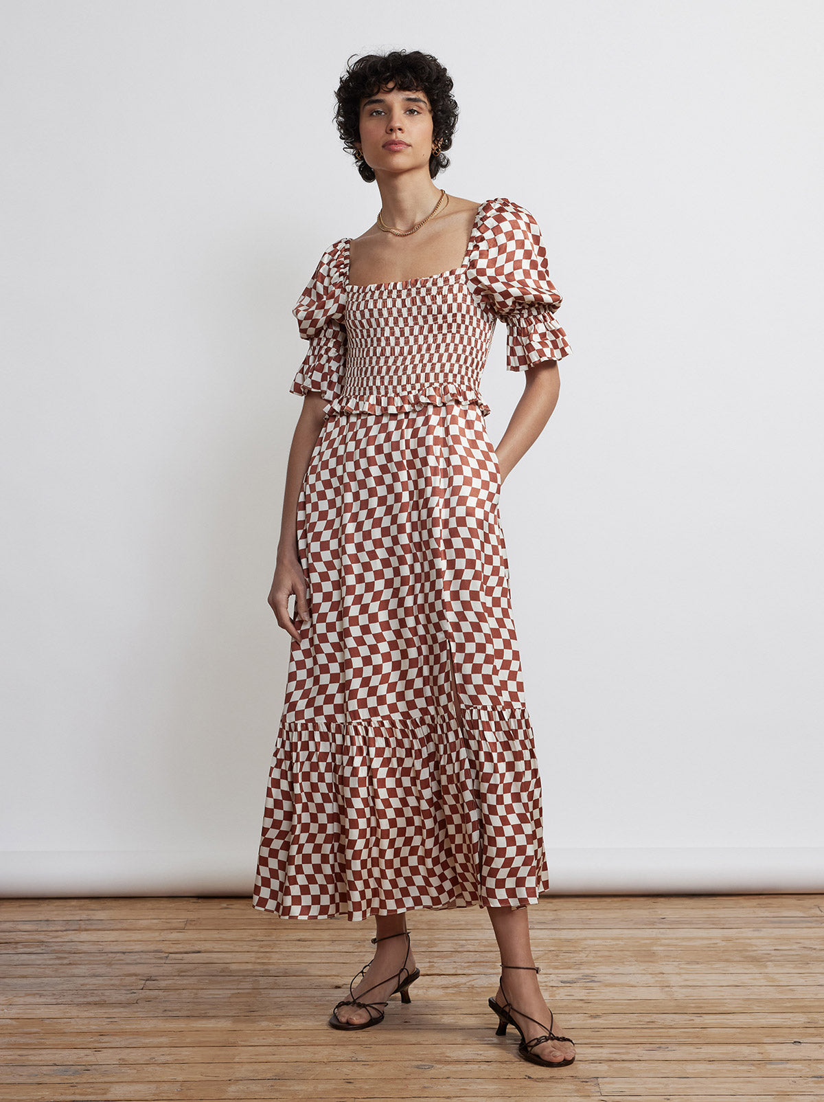 Barbara Brown Wavy Checker Shirred Dress By KITRI Studio