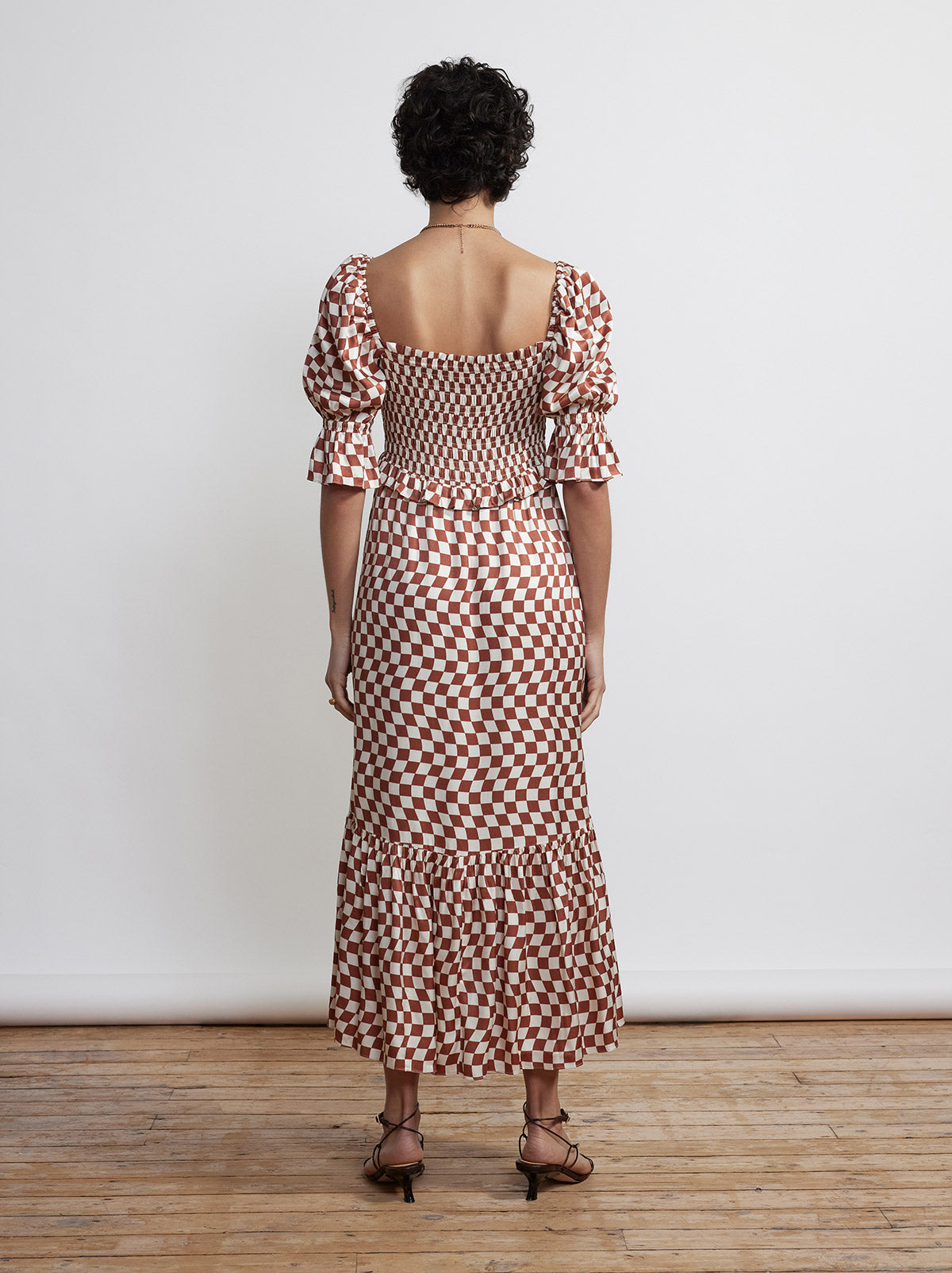 Barbara Brown Wavy Checker Shirred Dress by KITRI Studio