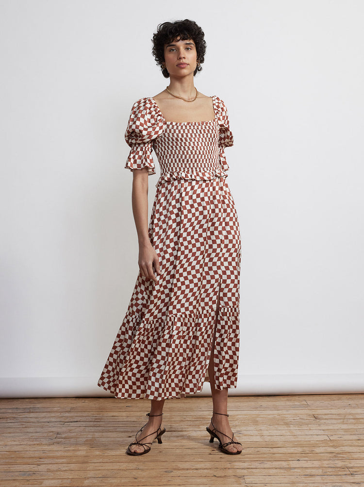 Barbara Brown Wavy Checker Shirred Dress By KITRI Studio