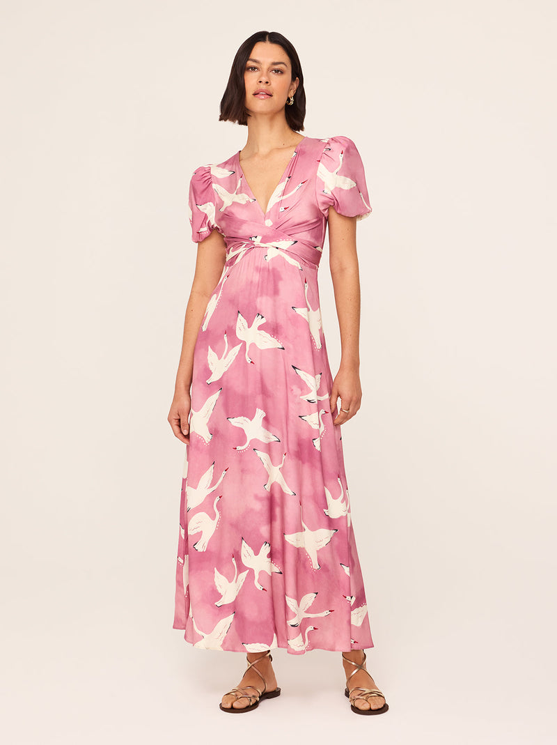 Bernice Pink Swans Print Midi Dress By KITRI Studio