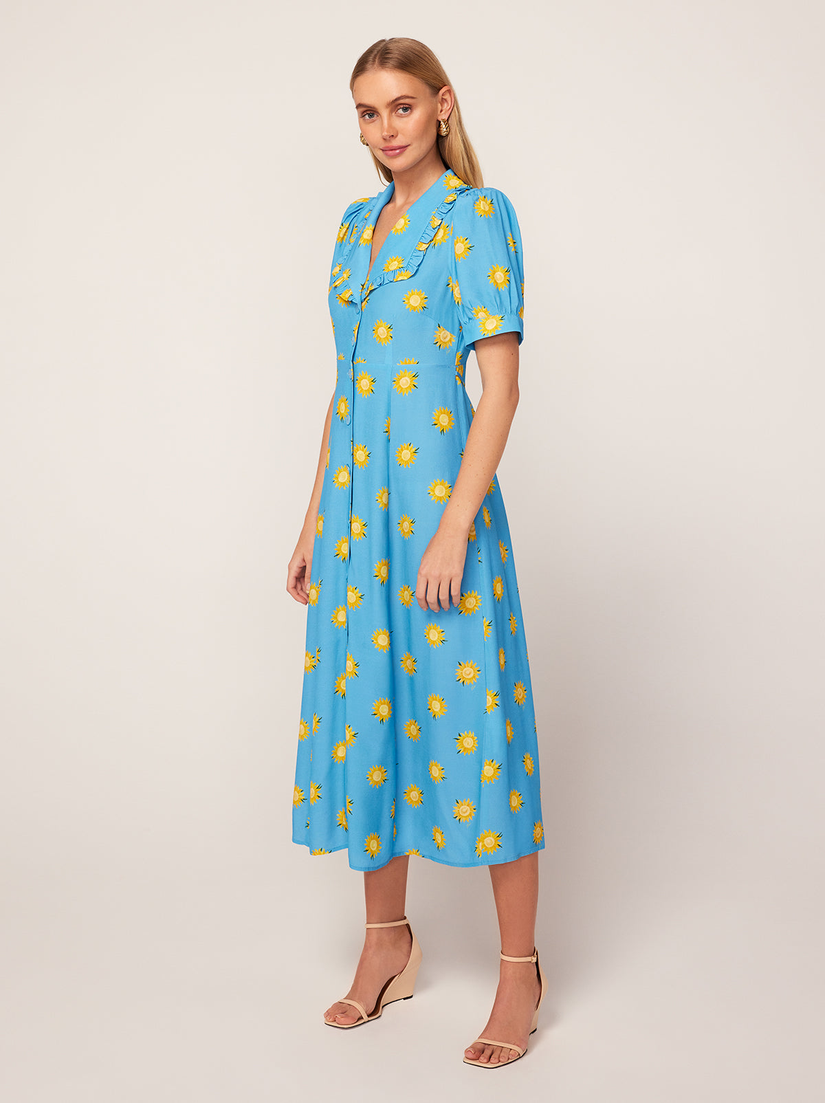 Bethany Blue Sunflower Print Tea Dress By KITRI Studio