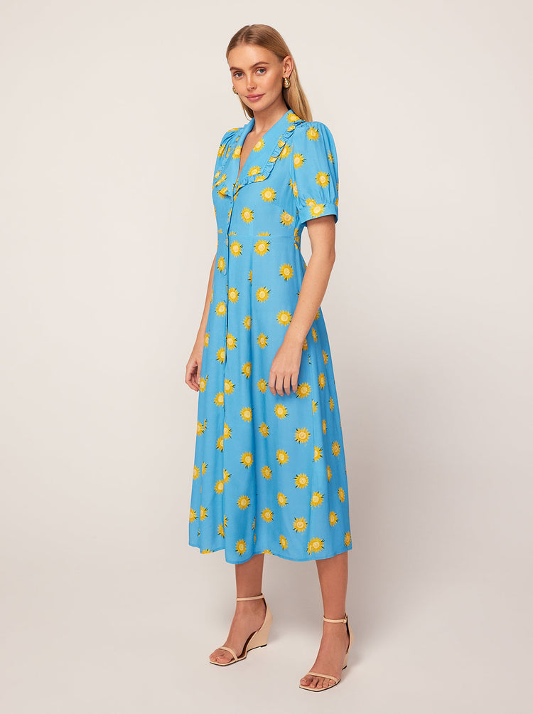 Bethany Blue Sunflower Print Tea Dress By KITRI Studio