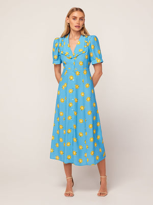 Bethany Blue Sunflower Print Tea Dress By KITRI Studio