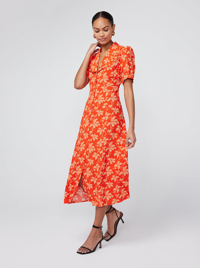 Bethany Chilli Vintage Leaf Print Tea Dress | KITRI Studio