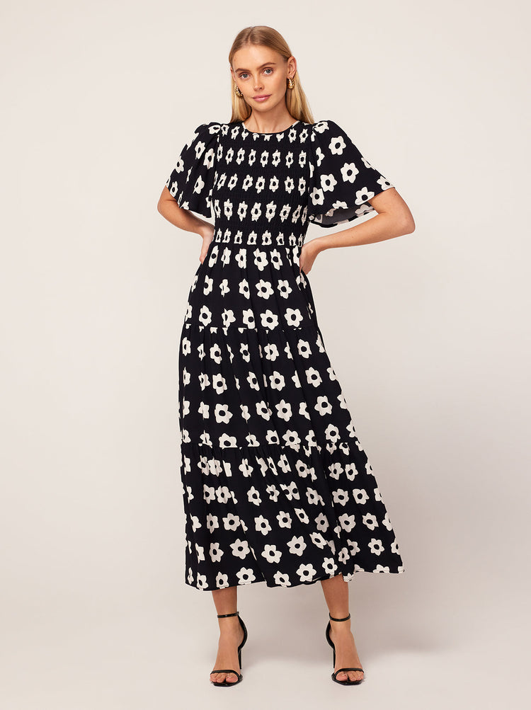 Bridget Black Tiled Floral Shirred Maxi Dress