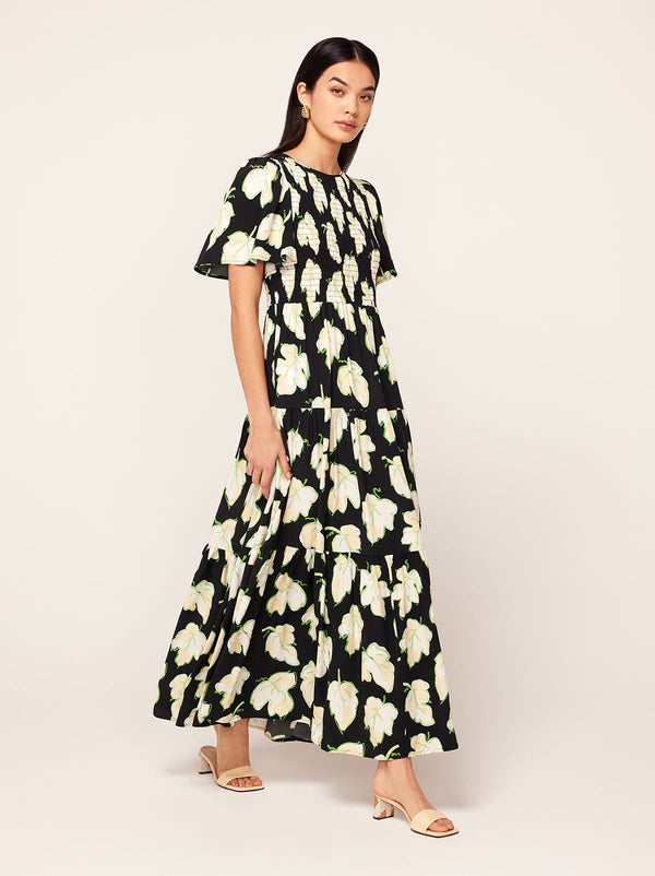 Bridget Black Vine Leaf Shirred Maxi Dress