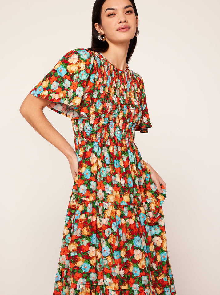 Bridget Blue Impressionist Floral Print Shirred Dress | KITRI Studio