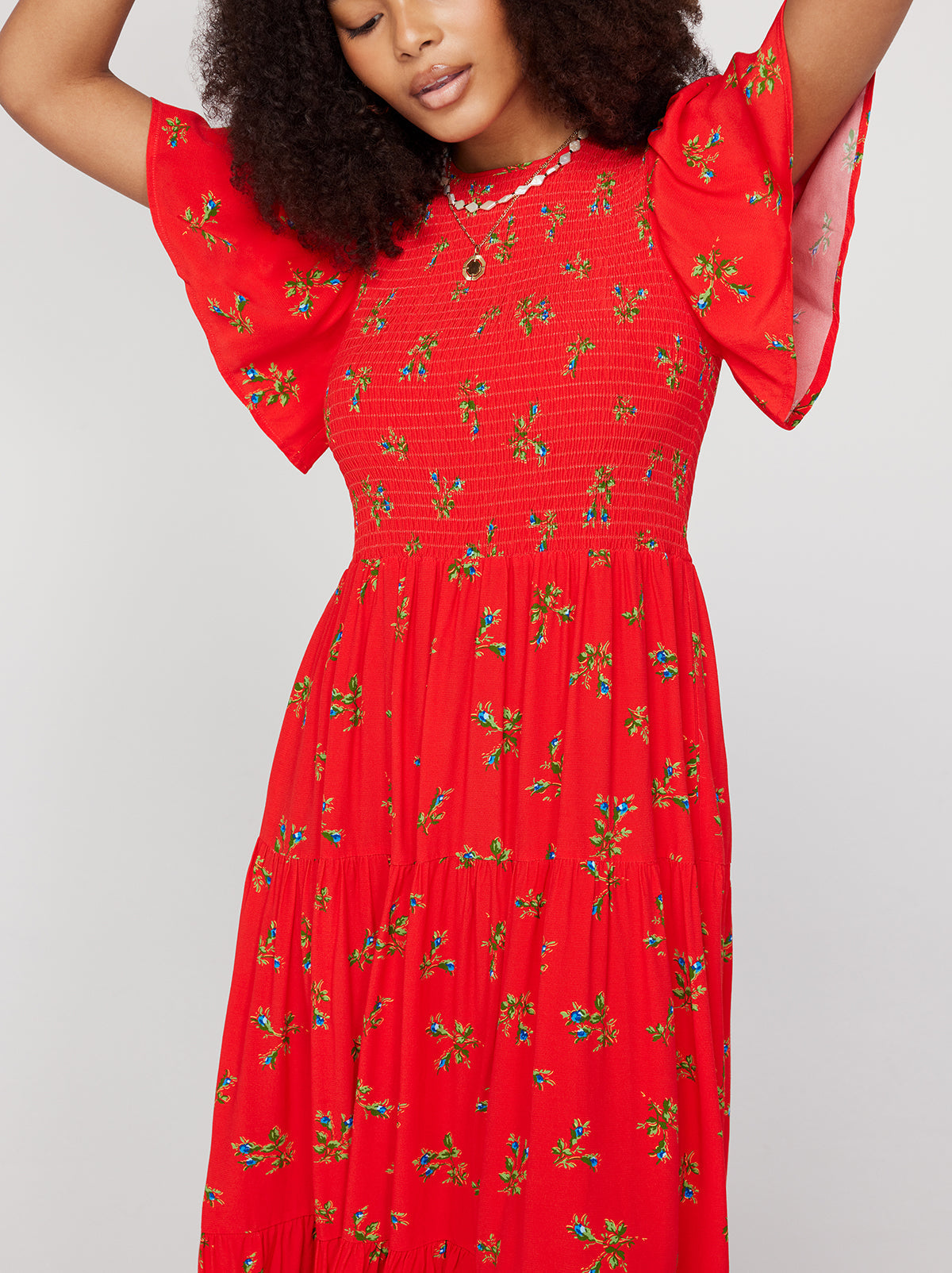 Bridget Red Rosebud Shirred Maxi Dress