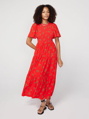 Bridget Red Rosebud Shirred Maxi Dress By KITRI Studio