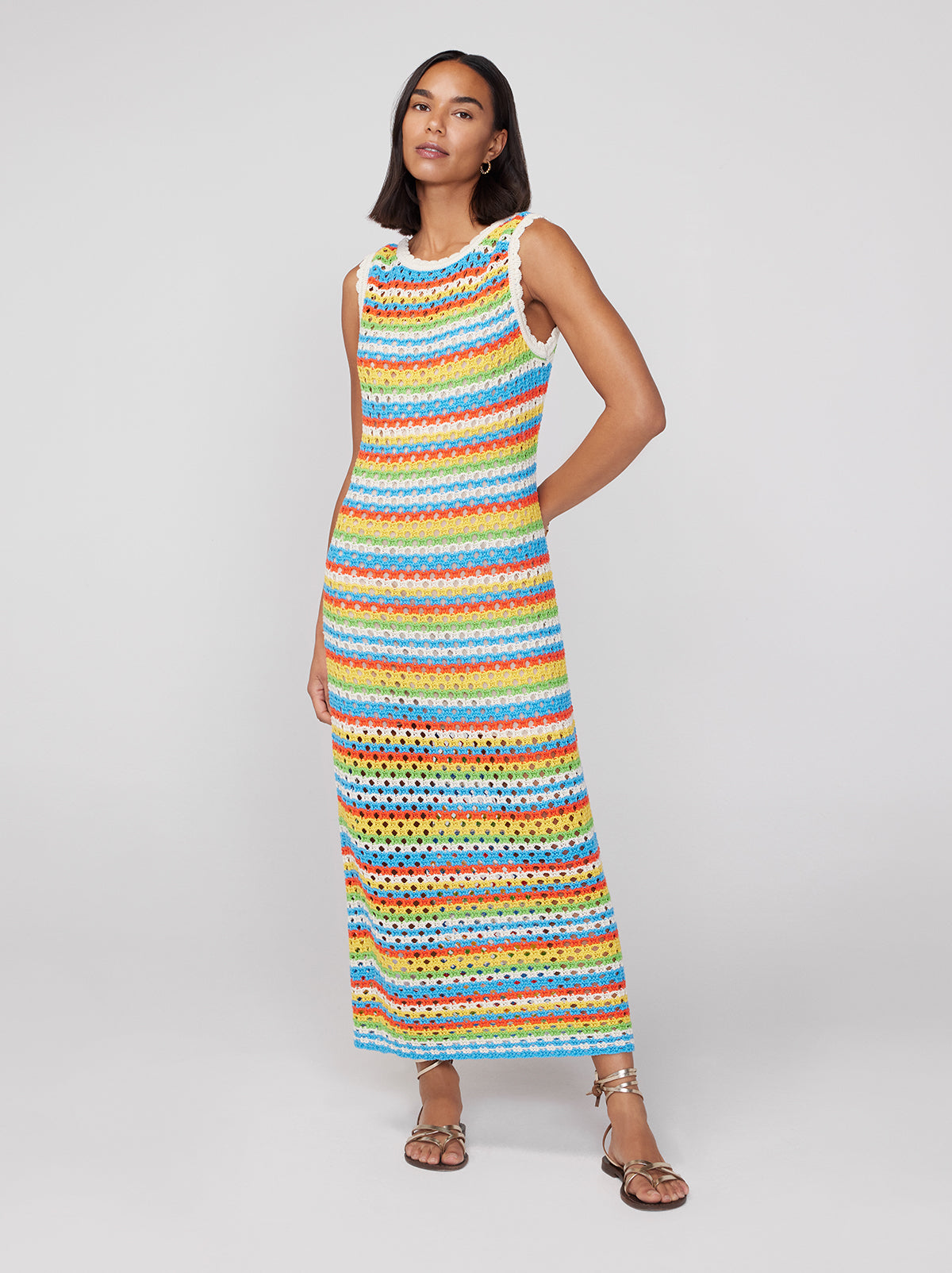 alt="Bunty Blue Stripe Crochet Knit Dress By KITRI Studio with a flattering fit around the chest and straight fit in the skirt. An ideal beach midi dress to throw over a swimsuit it features a summary rainbow pattern with colourful horizontal lines in 100% cotton crochet knitted design"