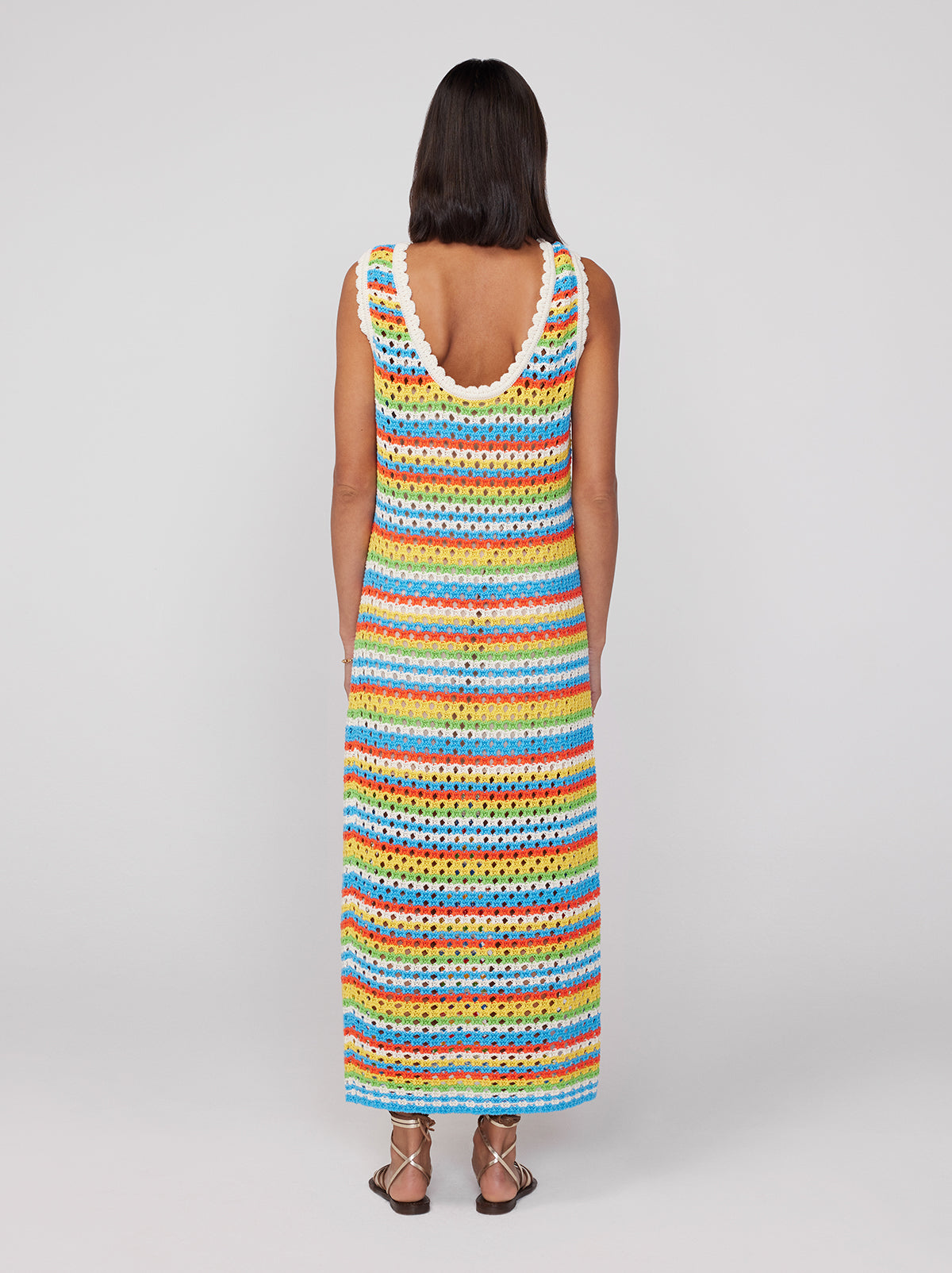 alt="Bunty Blue Stripe Crochet Knit Dress By KITRI Studio with a flattering fit around the chest and straight fit in the skirt. An ideal beach midi dress to throw over a swimsuit it features a summary rainbow pattern with colourful horizontal lines in 100% cotton crochet knitted design"