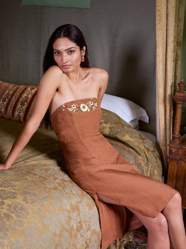 Cara Pecan Embroidered Strapless Dress By KITRI Studio