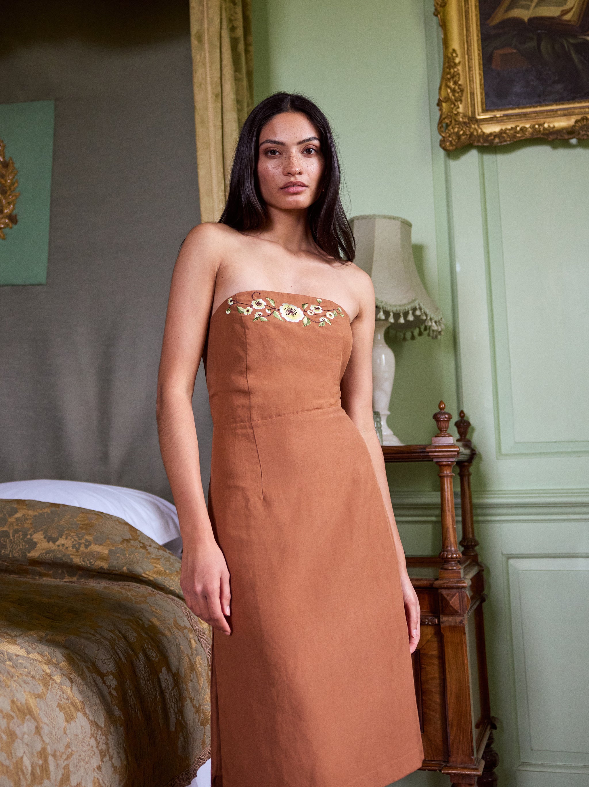Cara Pecan Embroidered Strapless Dress | KITRI Studio Cara Pecan Embroidered Strapless Dress | KITRI Studio