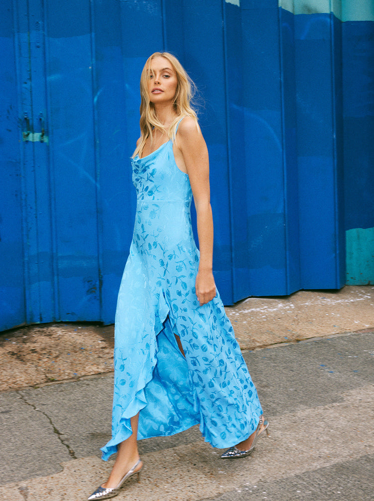 Carissa Sky Blue Tulip Jacquard Maxi Dress