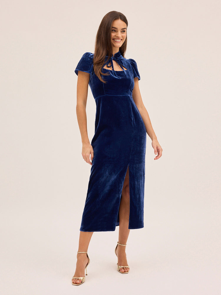 Carmella Navy Blue Velvet Midi Dress | KITRI Studio Carmella Navy Blue Velvet Midi Dress | KITRI Studio