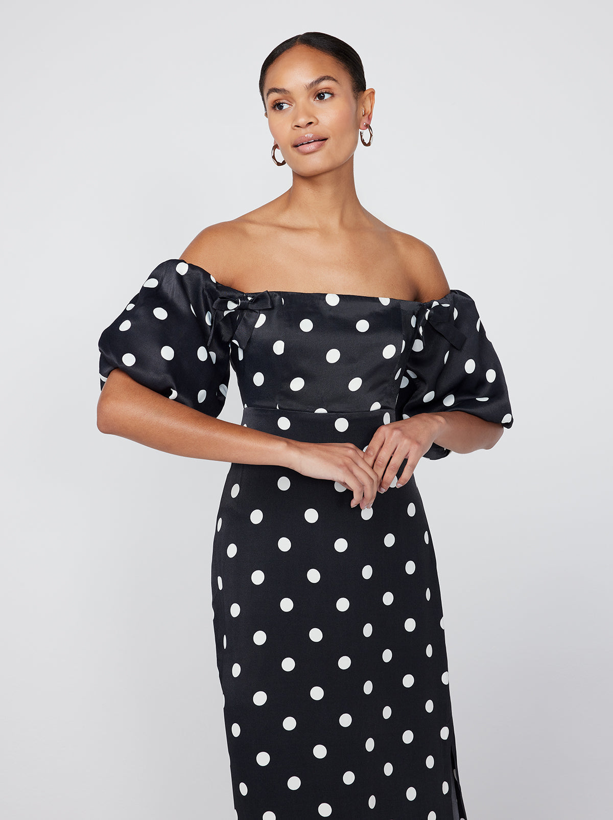 Polka dot bardot midi clearance dress