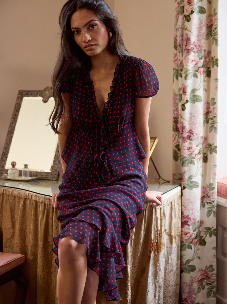 Cecily Navy Pin Dot Print Top By KITRI Studio