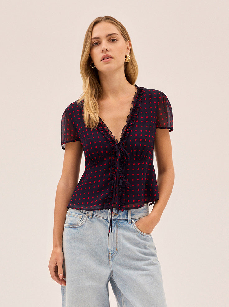 Cecily Navy Pin Dot Print Top By KITRI Studio