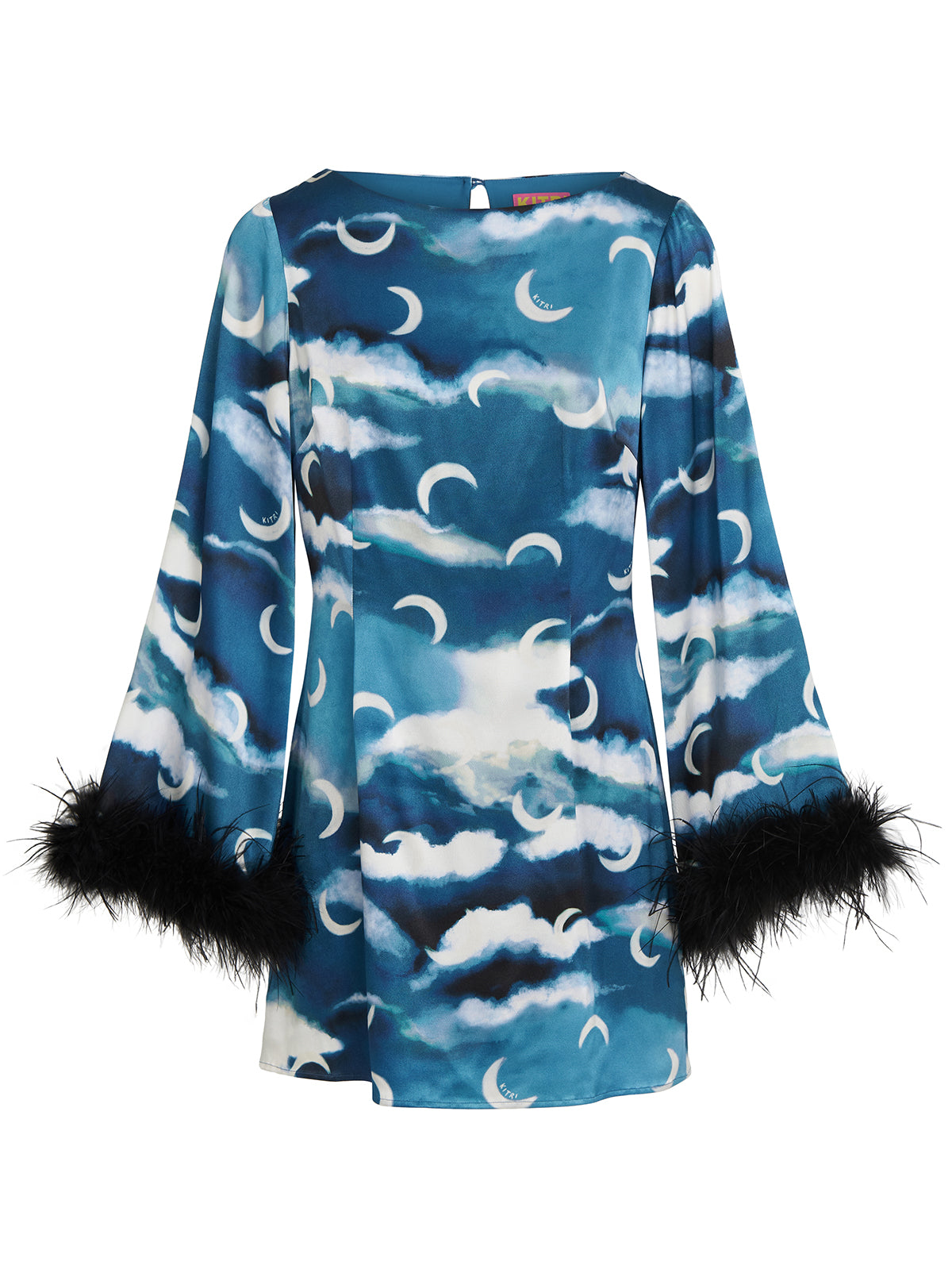 Celina Blue Cloud Print Feather Mini Dress By KITRI Studio