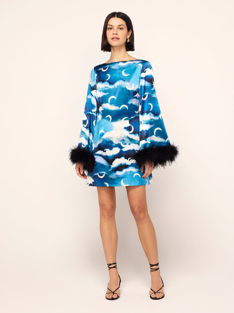 Celina Blue Cloud Print Feather Mini Dress By KITRI Studio