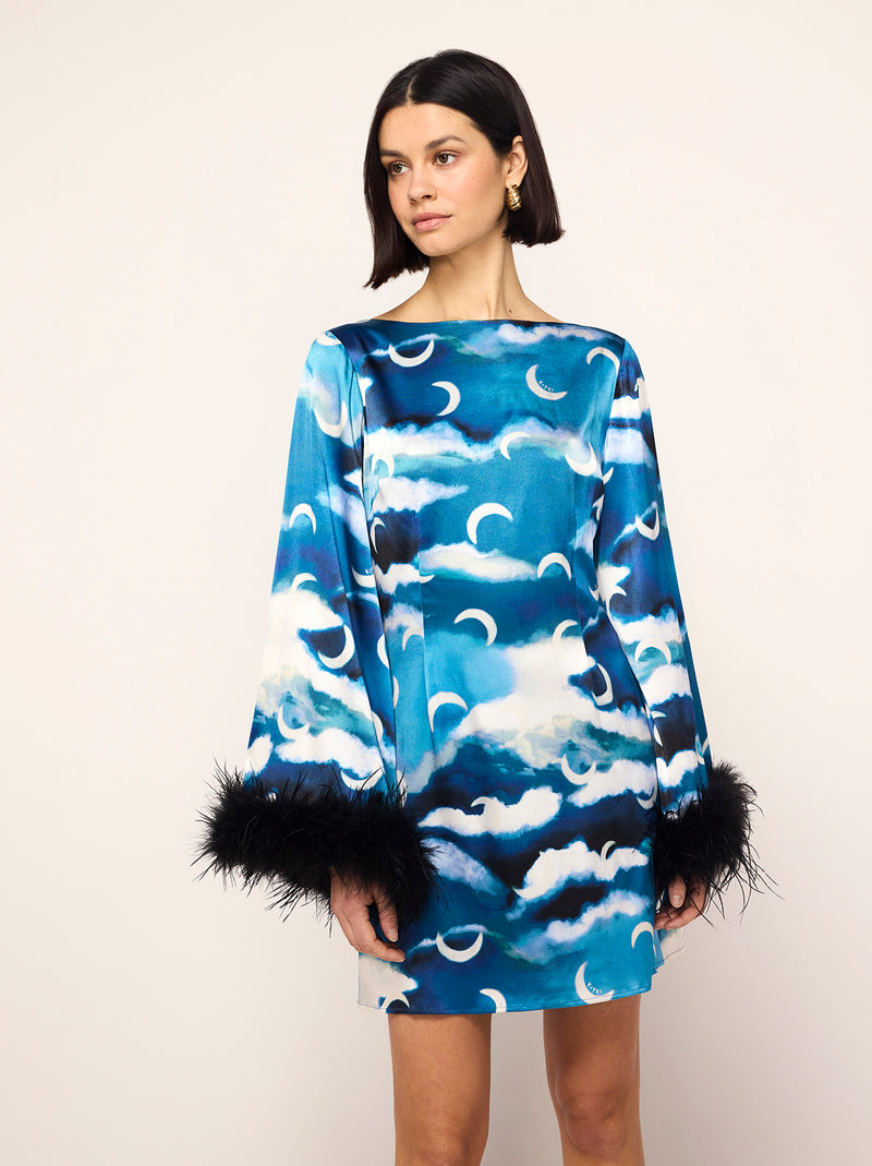 Celina Blue Cloud Print Feather Mini Dress By KITRI Studio