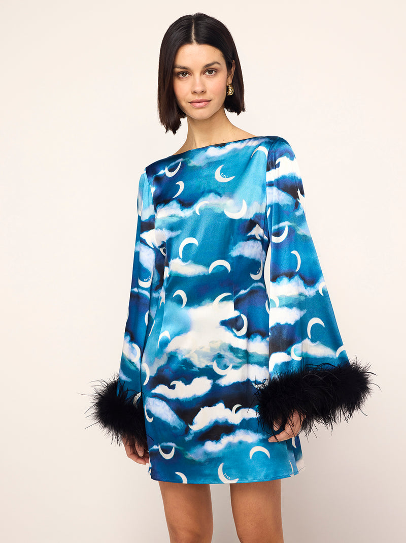 Celina Blue Cloud Print Feather Mini Dress By KITRI Studio